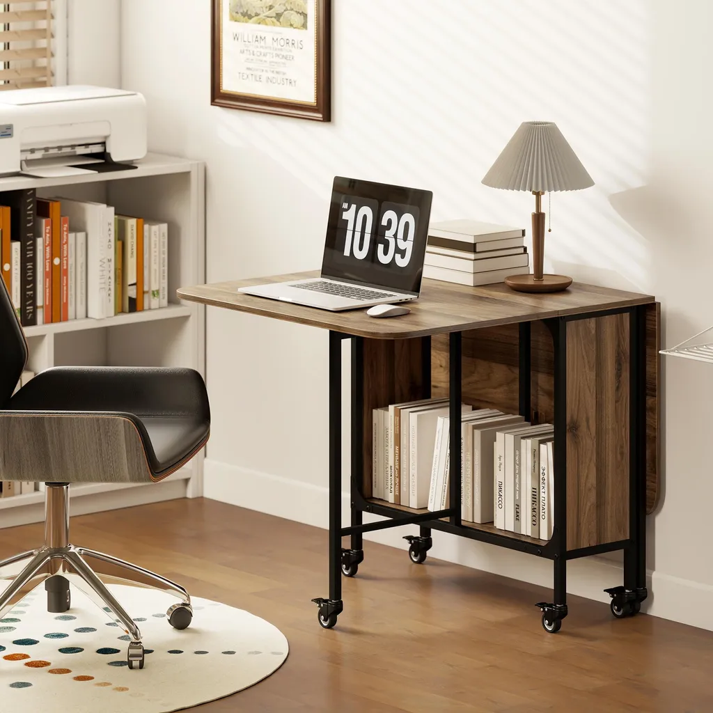 Table pliante mobile gain de place marron avec étagère de rangement - 9