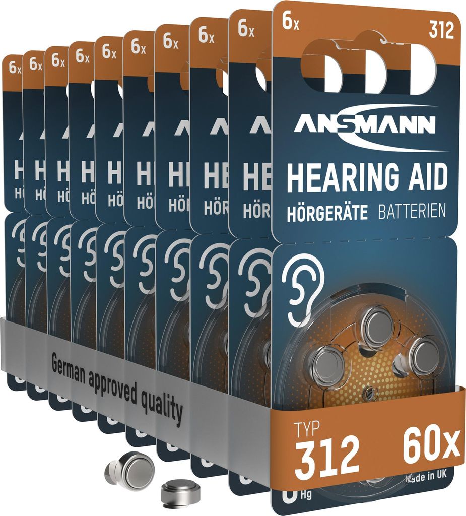 A multi-pack of Ansmann hearing aid batteries in their original packaging.