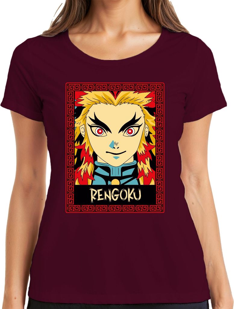 RENGOKU Kyojuro Demon Slayer Anime Flamme Geschenk Sammler Damen T-Shirt, Burgundy, XXL