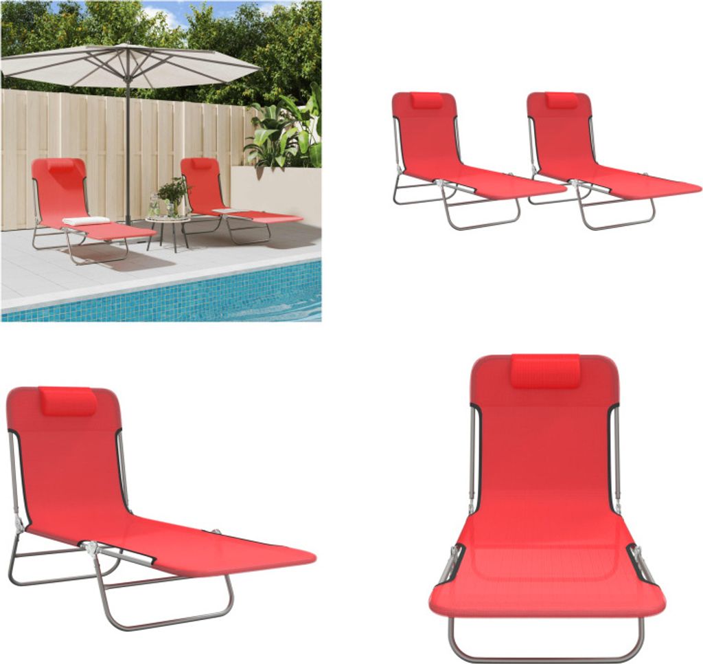 vidaXL Sonnenliegen Klappbar 2 Stk. Rot Textilene und Stahl - Sonnenliege - Sonnenliegen - Gartenliege - Outdoor-Liege