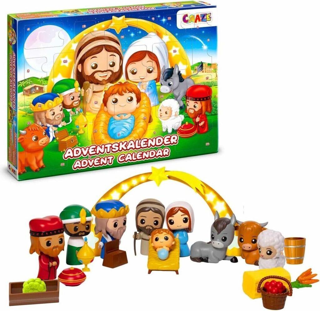 A Christmas nativity scene advent calendar box and its contents displayed.