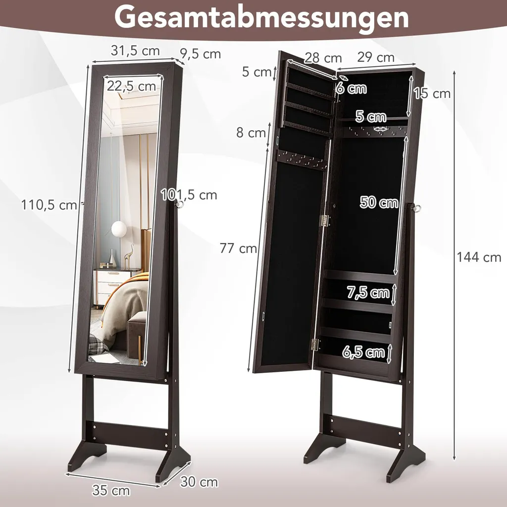 Armoire à Bijoux à Inclinaison Réglable et Miroir Pleine Longueur Marron - 3