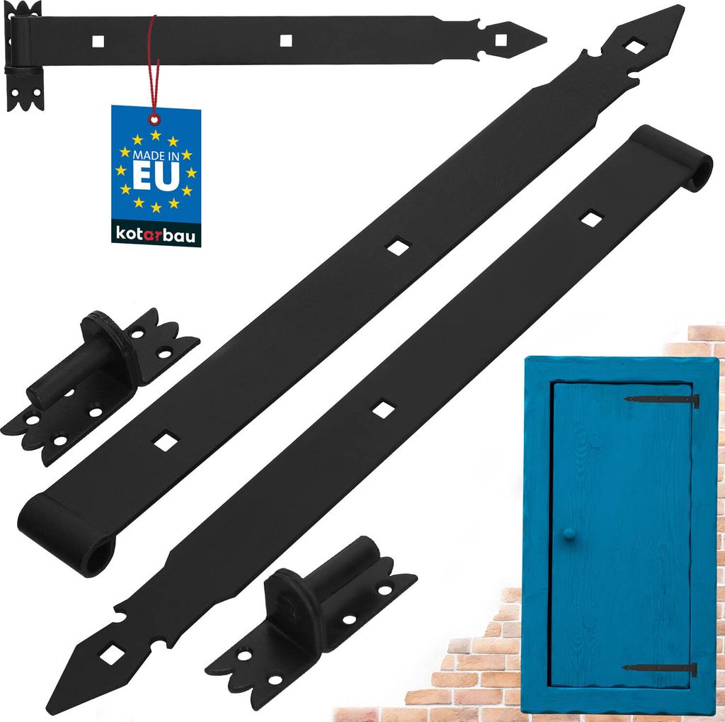 A set of black metal hinges and mounting hardware, with a small blue door shown in the background.