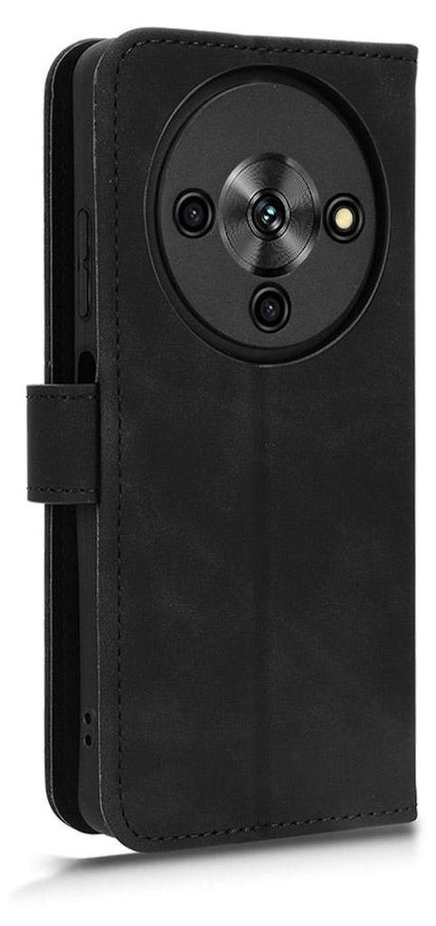 A black flip-style phone case is shown from the back, with the camera module prominently visible.