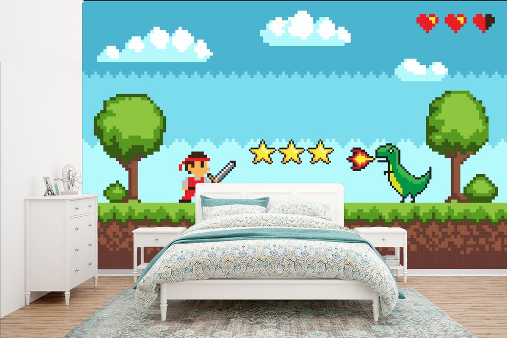 MuchoWow Fototapete für Wohnzimmer oder Schlafzimmer Wandtapete Vinyl Motivtapete Spiele - Spielhalle - Retro - 385x240 cm - Schlafzimmer-Tapete