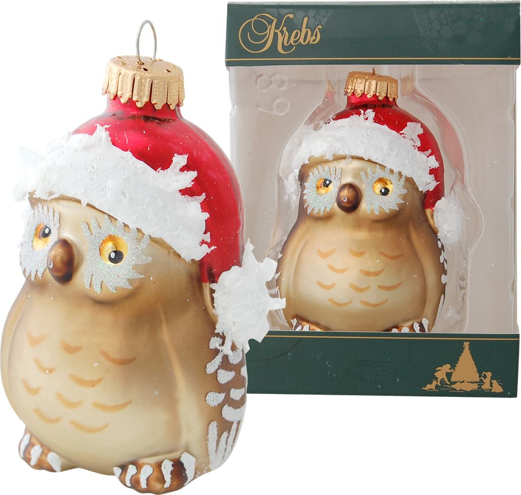 Krebs Glas Lauscha Weihnachtsbaumschmuck - Eule mit Weihnachtsmütze - aus Glas - ca. 9 cm