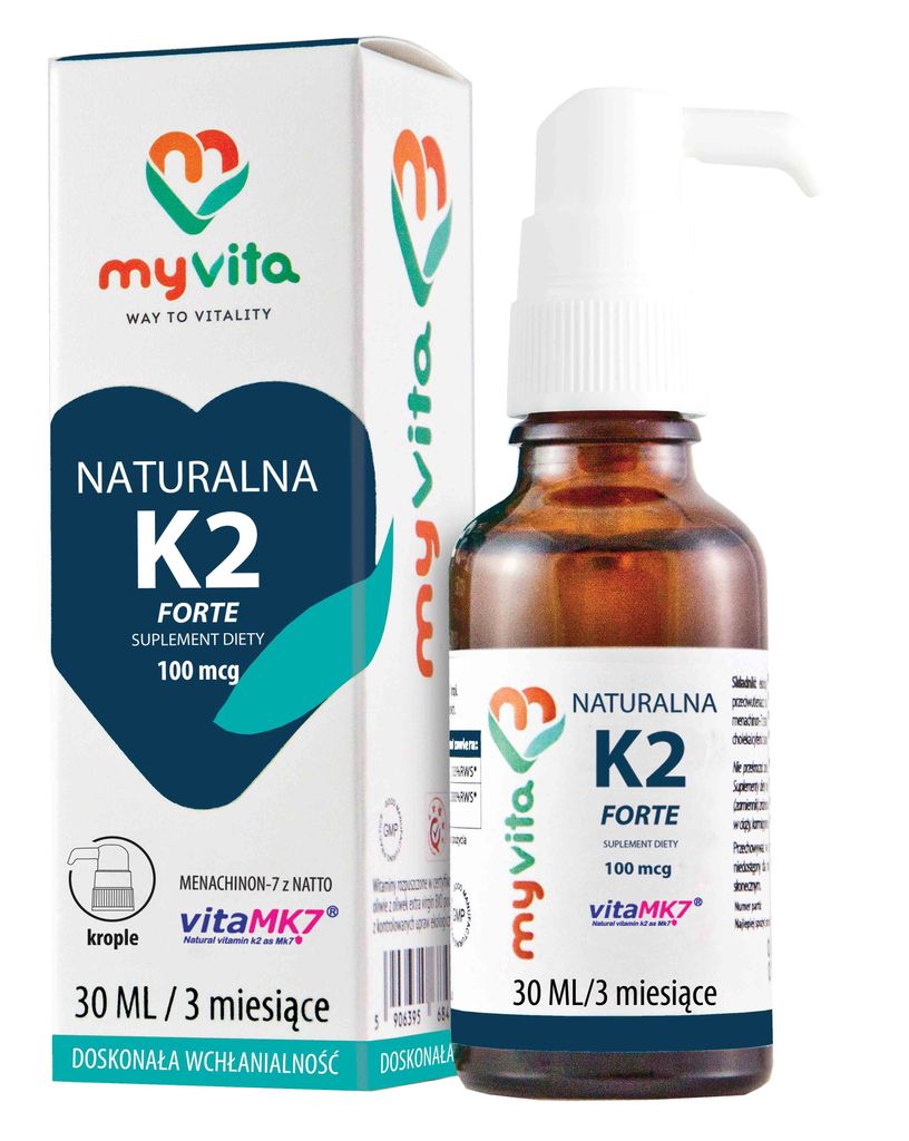 A product shot of a bottle of Myvita Natural Vitamin K2 Mk-7 Drops and its packaging, presented on a white background.