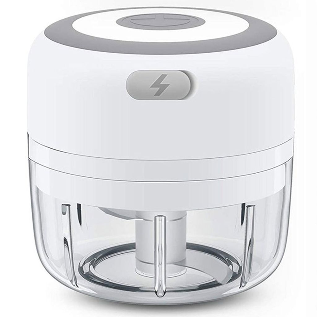 A white and gray electric mini chopper with a clear container.