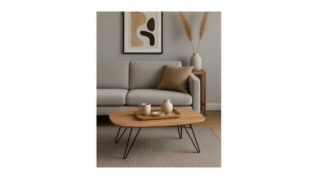 Couchtisch Livaro aus Massivholz Eiche mit Metallbeinen – Design Wohnzimmertisch mit profilierter Tischplatte im Industrial Stil