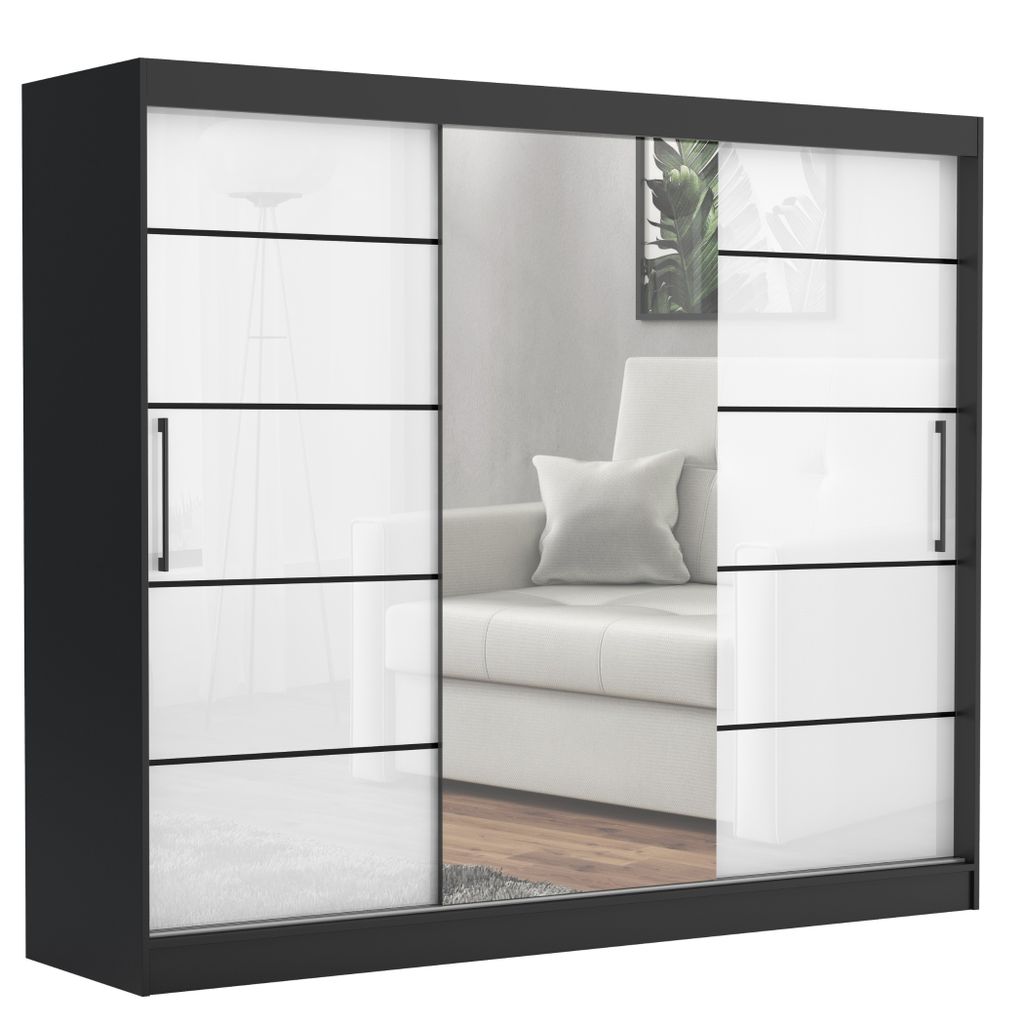 Schwebetürenschrank TOMY, 2-türig Schrank, SCHWARZ / WEIß HOCHGLANZ, 235 cm Kleiderschrank mit 4 Schubladen, Spiegel, Kleiderstangen und Regalen