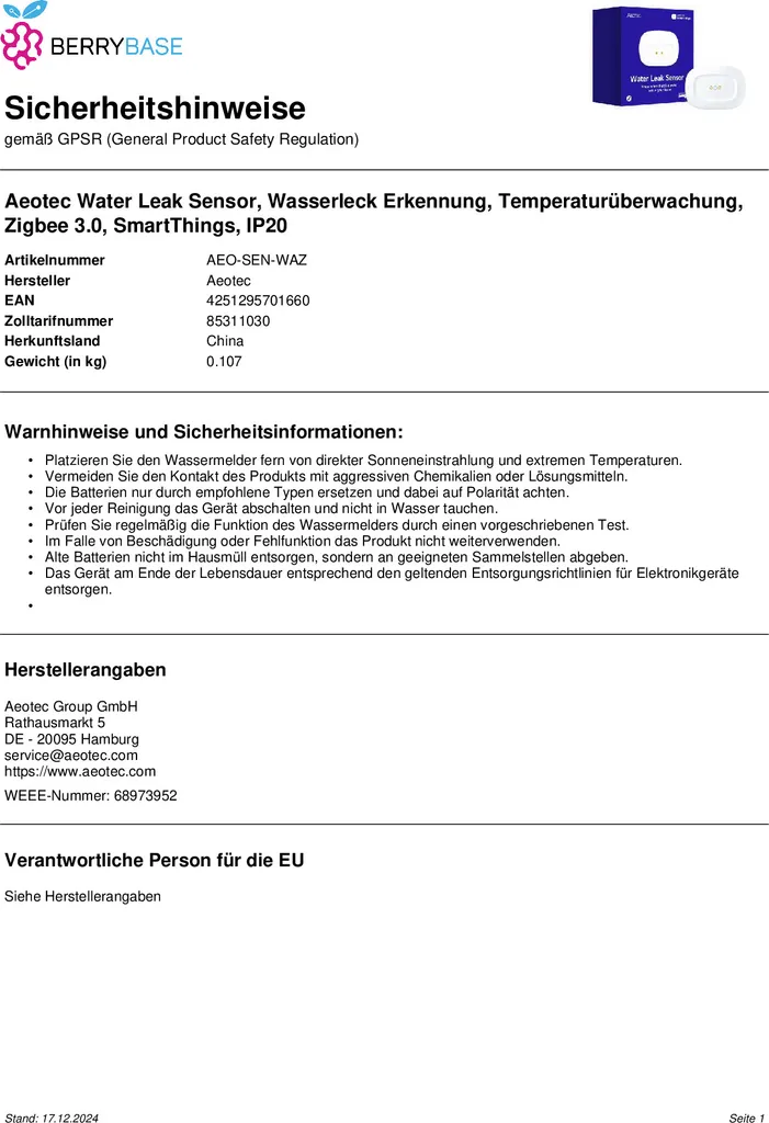 Aeotec Water Leak Sensor - Détecteur de Fuite d'Eau Zigbee 3.0 Blanc - 13