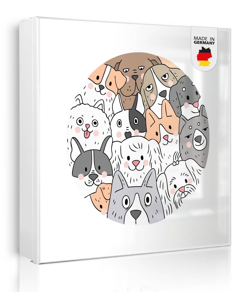 banjado Schlüsselkasten aus Metall, 30x30cm groß mit 32 Haken, als Magnettafel nutzbar, Korpus schwarz, Anschlag rechts, Hunde Gruppe neugierig [...