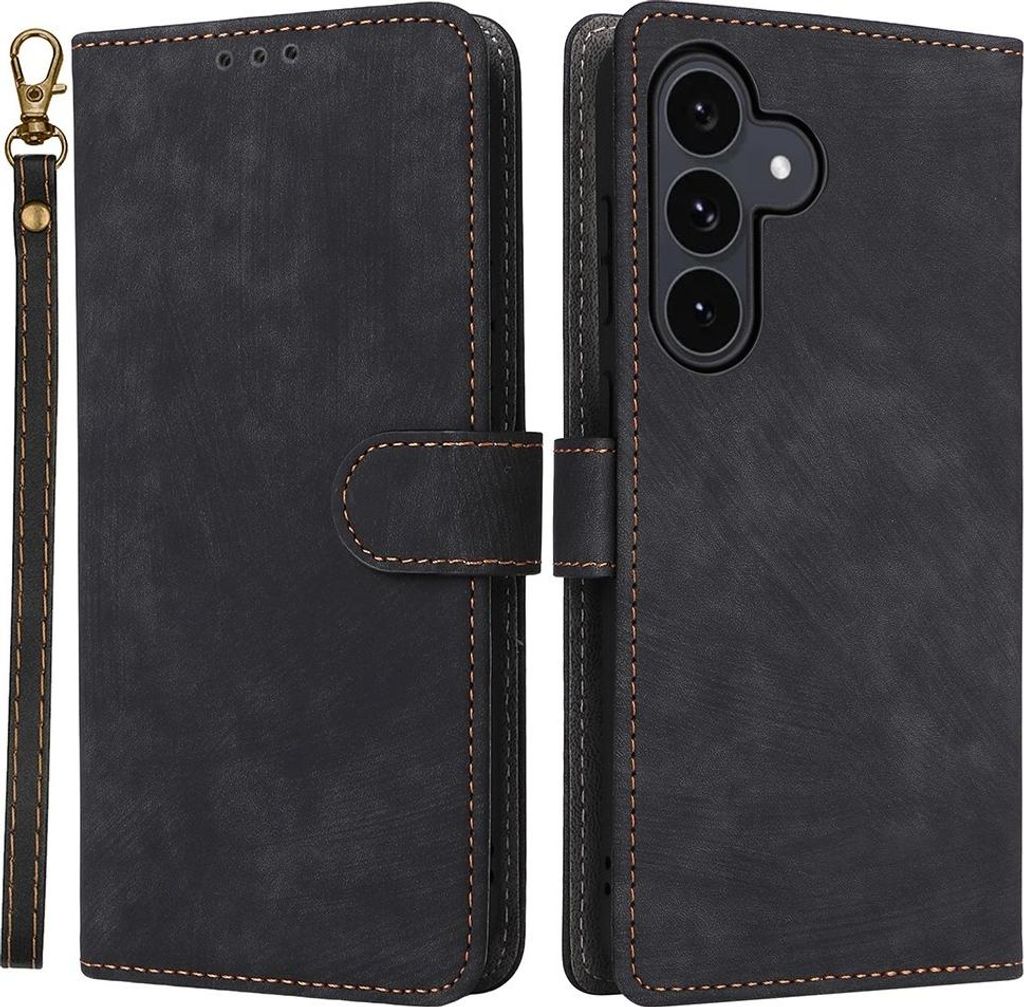 Hülle für Samsung Galaxy S25 FE - Phonesta Vintage Skin Book Wallet Klapphülle mit abnehmbarer Kordel - Schwarz