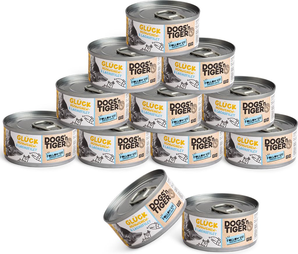 Dogs’n Tiger Adult, Premium Katzenfutter, Glück, Nassfutter, Getreidefrei, Huhn & Lachs, 12x70g