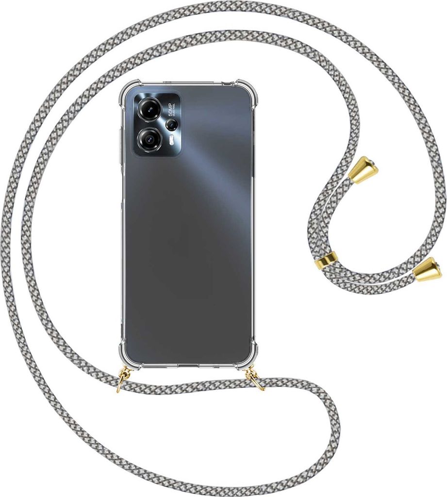 Handykette Backcover-Schutzhülle mit Band (Metall goldfarben) für Motorola Moto G13, Moto G23 (6.5'') - weiß/grau kariert