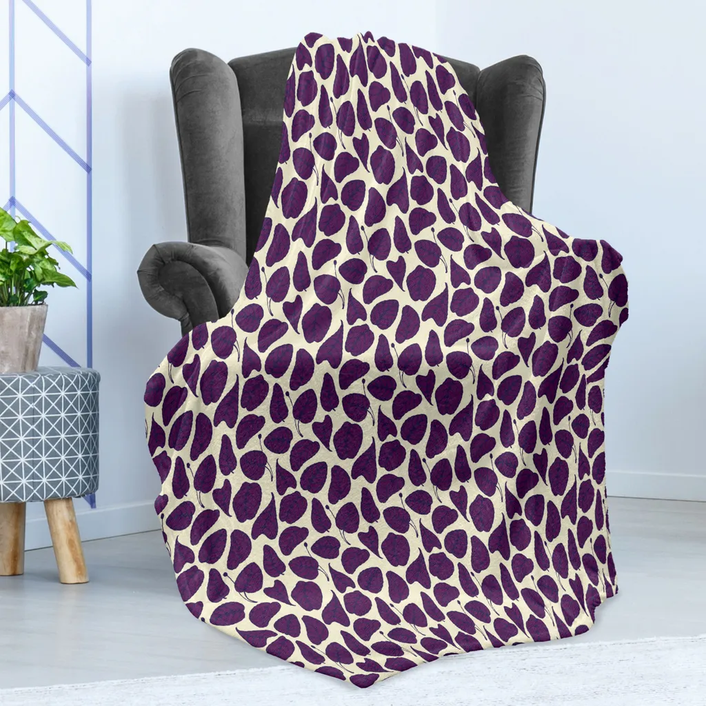 Coperta in morbido pile di flanella naturale ABAKUHAUS, tonalità scura Foglie Essenza della crescita nei boschi della foresta Botanica Primavera, 175 x 230 cm, viola e crema - 3