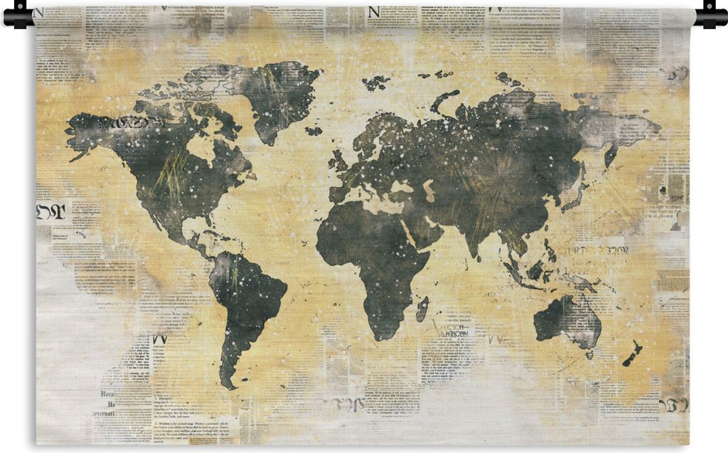 MuchoWow Wandteppich Wandbehang Weltkarte - Gold - Zeitung 120x80 cm Tapisserie Dekoration Wandtuch - Wanddekorationen - Wandtücher