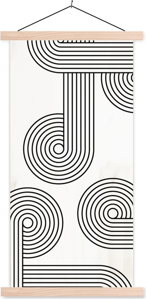 MuchoWow Textilposter Abstrakt - Schwarz - Weiß - Kreis 60x120 cm mit holzfarbenen Rahmen - Holz