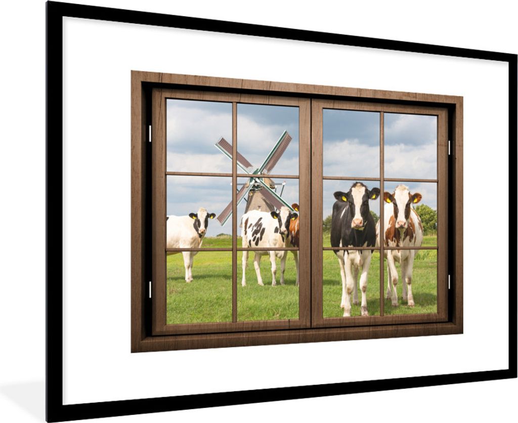 MuchoWow MuchoWow Gerahmtes Poster Ansicht - Mühle - Kuh 90x60 cm - Poster mit zchwarzem Bilderrahmen - Wanddekoration - Fotos