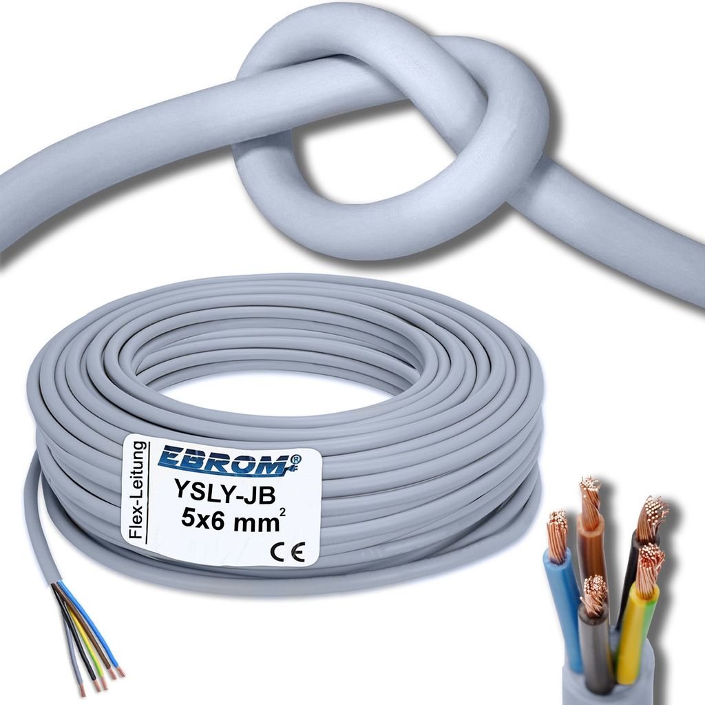 EBROM - 55 Meter Flexibles YSLY-JB 5x6 mm2 Verlegekabel für Wandladestation, E-Auto Ladebox Anschluss zur Ladestation