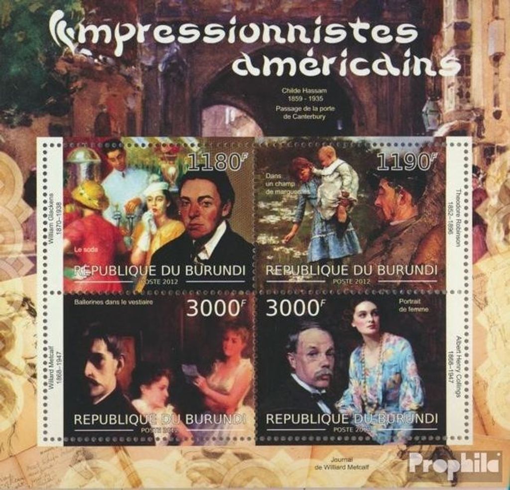 Briefmarken Burundi 2012 Mi 2705-2708 Kleinbogen (kompl. Ausgabe) postfrisch Amerikanische Impressionisten