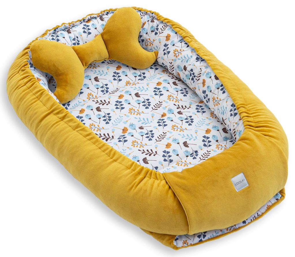 Premium BABYNEST + Kissen GELB Samt Velour/ Blumen Blau Gelb Baumwolle Nestchen Babyausstattung Geschenk Geborgenheit Komfort für Neugeborene