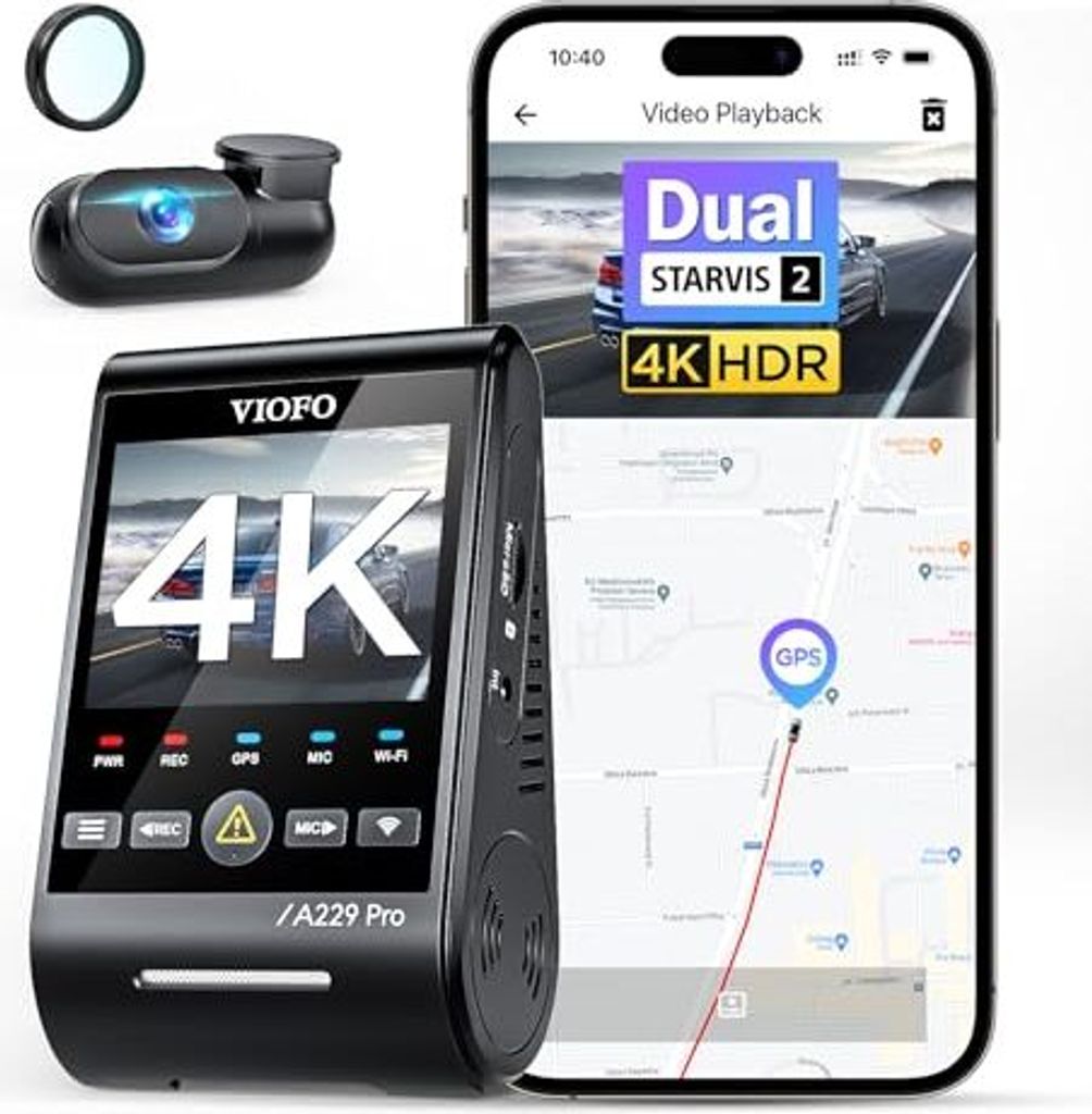 Viofo A229 Pro 4K + 2K Dual Sternenstarvis 2, HDR-Vorderseite Heck-Dashcam-Auto, Sprachsteuerung und 5GHz Wi-Fi-WiFi-Autokamera, Ultra-präzise GPS...