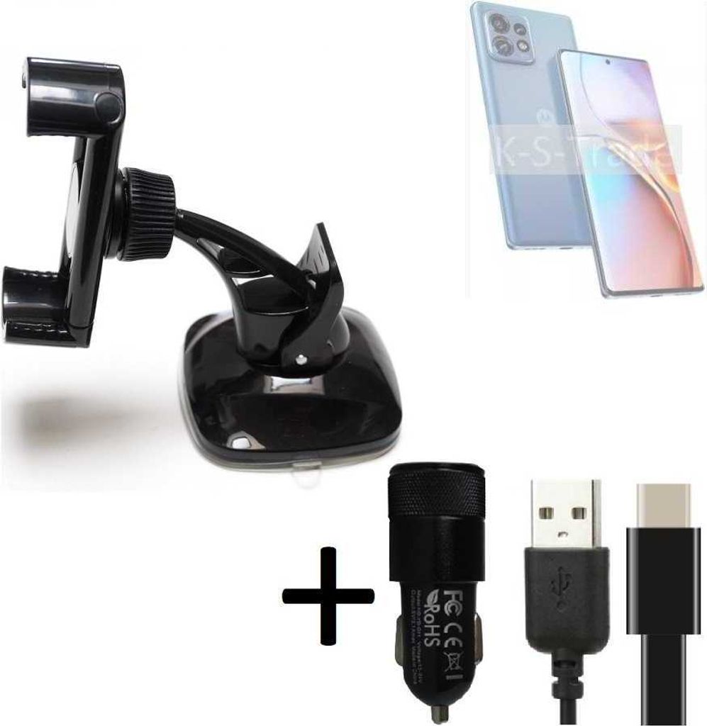 K-S-Trade Handy-Halterung kompatibel mit Motorola Edge 40 Pro Windschutzscheibe / Armaturenbrett + LADEGERÄT mit Mico USB Kabel Autohalterung