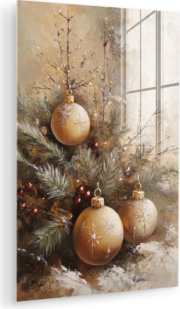 MuchoWow Glasbilder - Bilder auf Wandbild - Foto auf Glas Weihnachten - Kugeln - Beige - Gold 40x60 cm Wanddekoration aus Glas - Acrylglasbild - Ac...