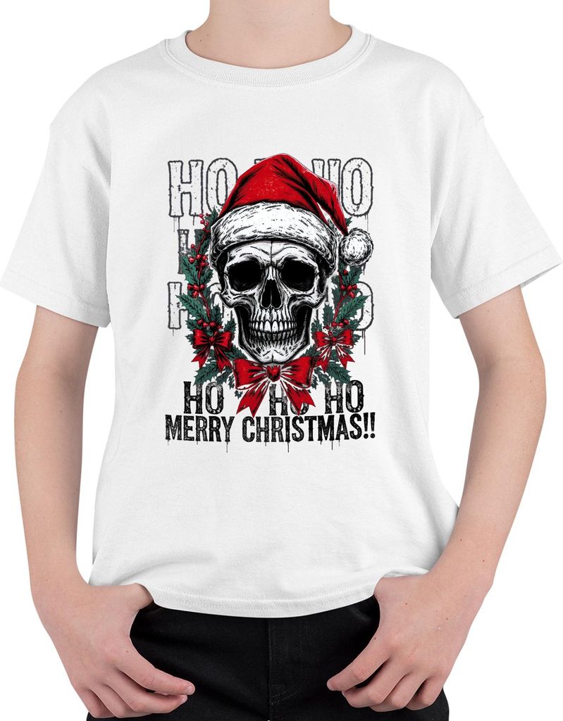 HO HO HO MERRY CHRISTMAS Totenkopf Weihnachtskranz Gothic böse Uni Kinder T-Shirt, Weiß, 128