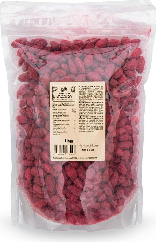 KoRo I Skinny Dipped Mandeln in dunkler Schokolade mit Himbeerpulver 1 kg