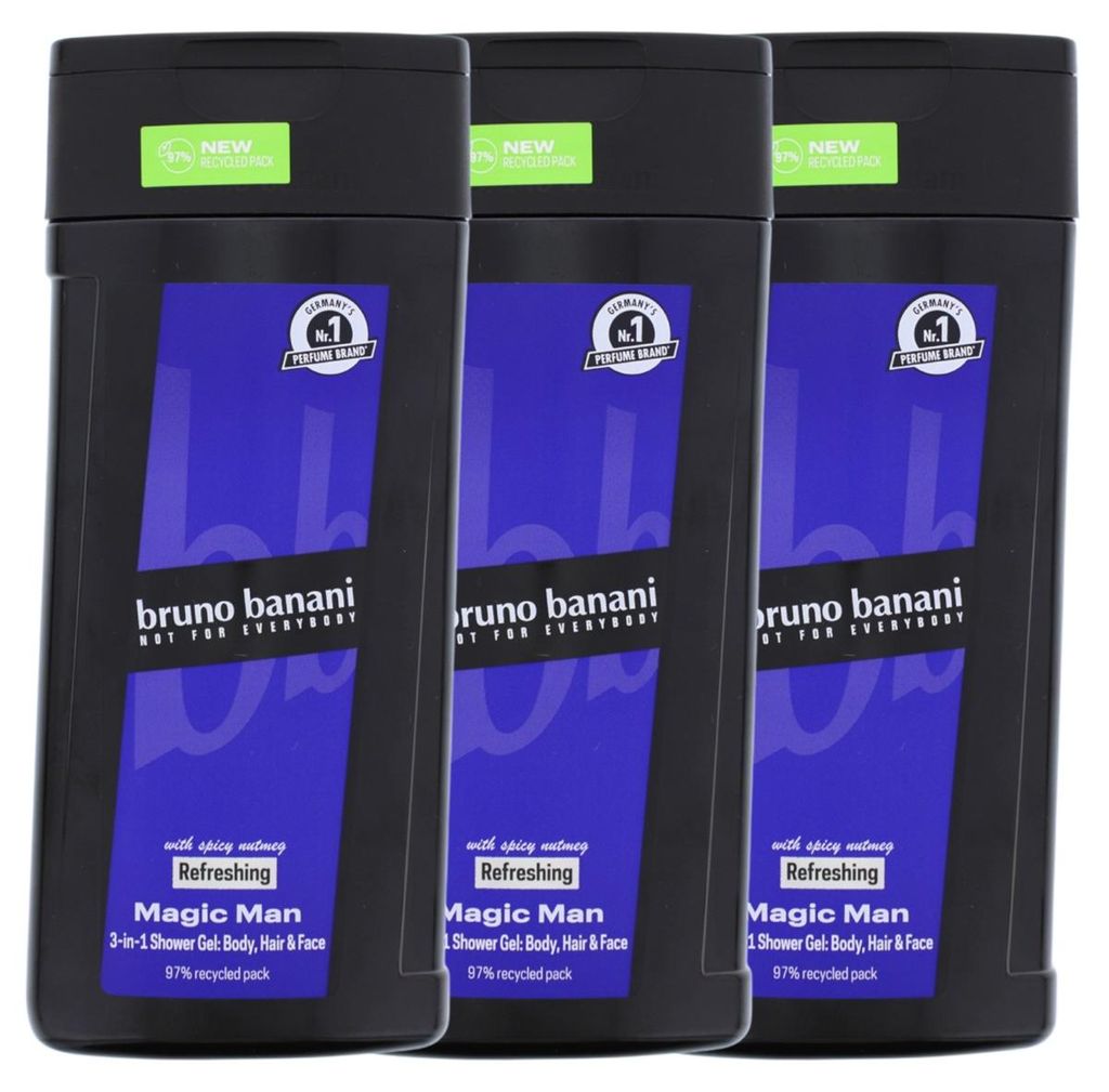 3 x bruno banani Magic Man 3-in-1 Shower Gel für Männer mit pikanter Muskatnuss Duft je 250ml