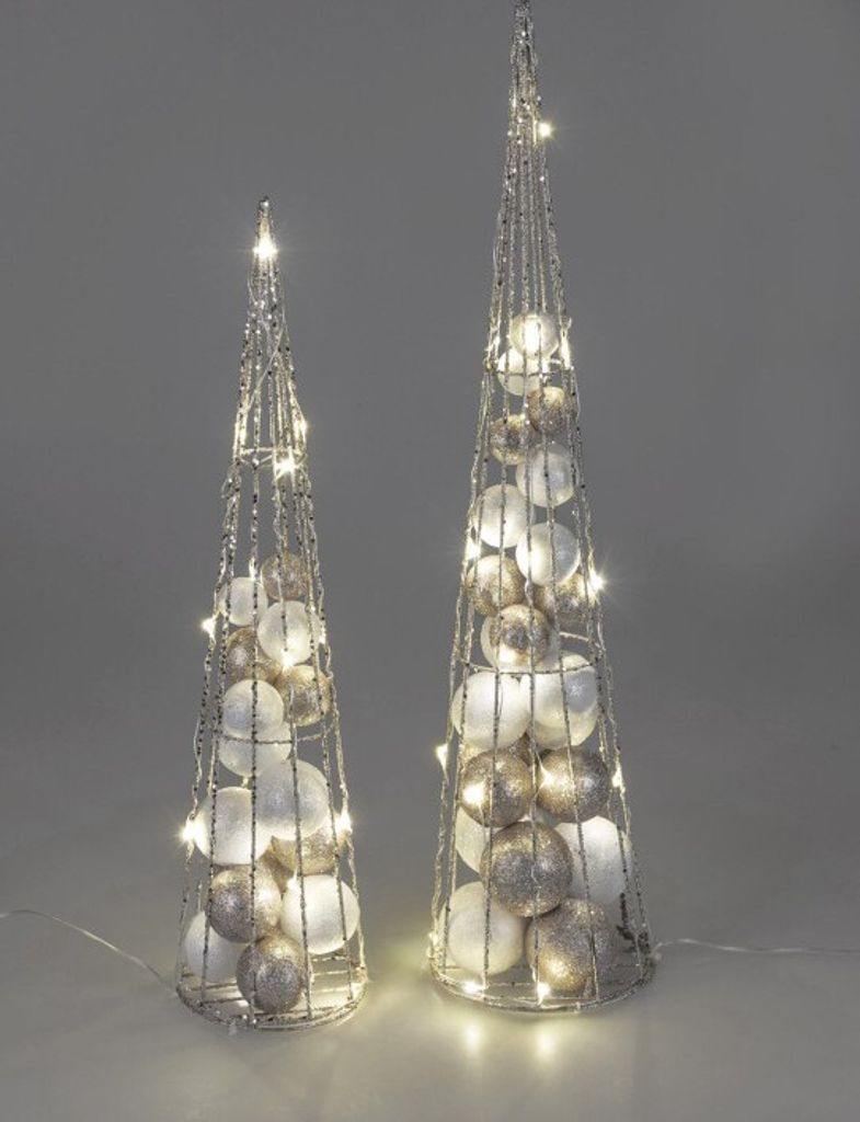 Weihnachtsschmuck Zierschmuck für ein schönes Fest-, Deko Hauseingang- Satz 2tlg.Pyramide Silber mit Licht 50 u. 60cm