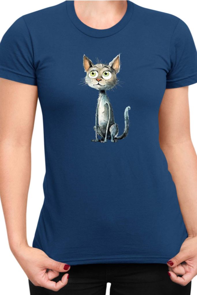 Damen T-Shirt Funny Cats Breeds Bambino Cat 012, Lady L / Dunkelblau