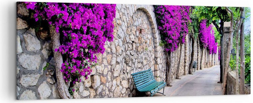 Bild auf Leinwand - Leinwandbild - Pflanzen Bank Straße Sommer - 140x50cm - Wand Bild - Wanddeko - Leinwanddruck - Bilder - Kunstdruck - Wanddekor...