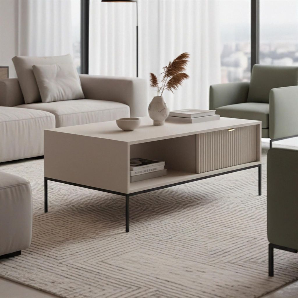 Salontafel Kioto, 104 cm, kasjmierbeige en zwart – 2 lades, Productafbeelding 