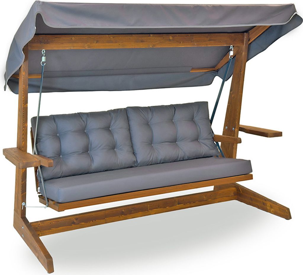 A wooden garden swing with gray cushions and a gray canopy, shown from the front on a white background.