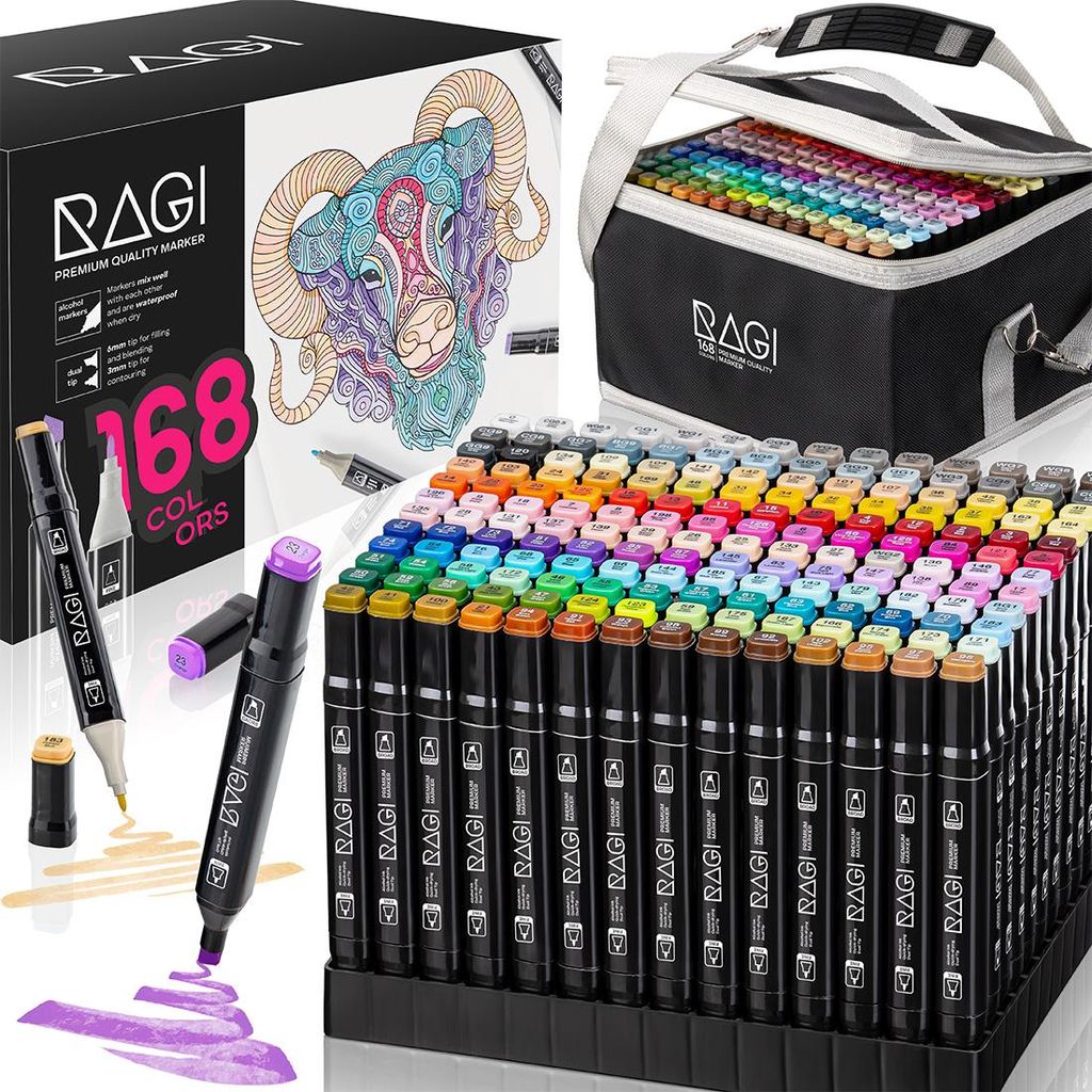 A collage of marker pens, their packaging, and a carrying bag.