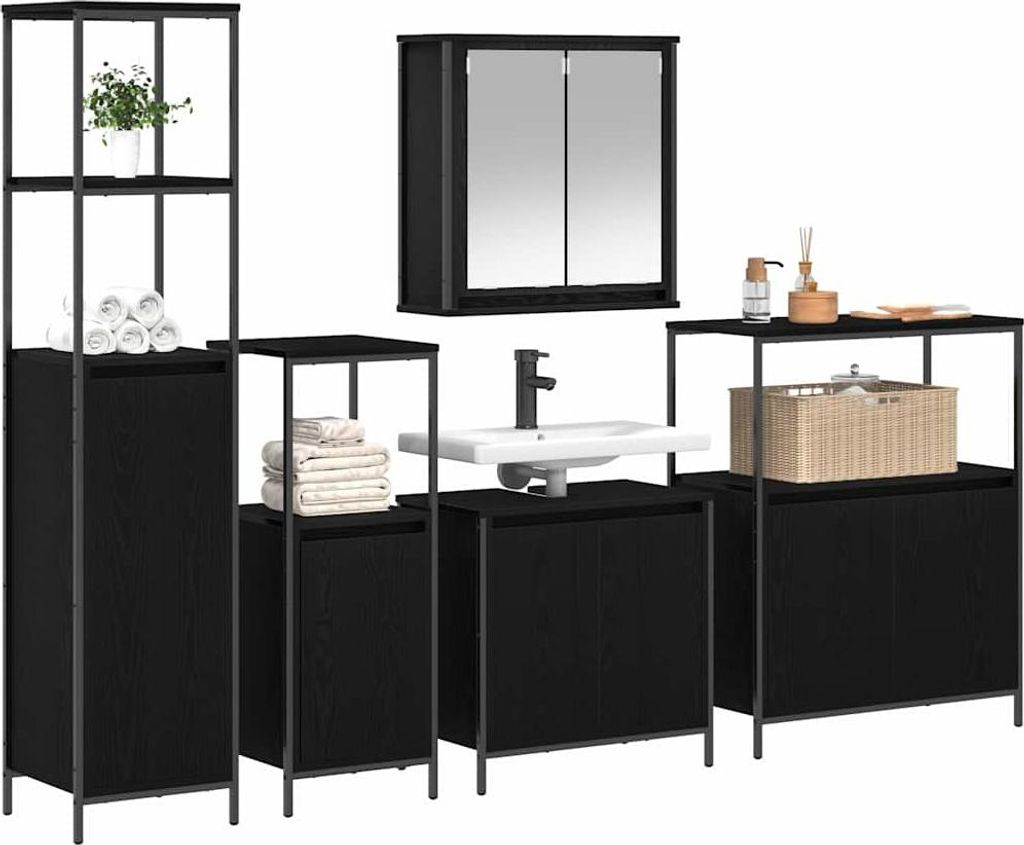 vidaXL Badezimmermöbel-Set 5 pcs Schwarz Eichen-Optik Holzwerkstoff