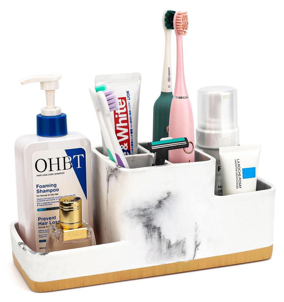 Zahnbürstenhalter (Weiß) – 5 Fächer Resin-Organizer mit Entwässerung, Marmoroptik-Oberfläche, Für Bad, Küche, Büro – Groß & Stabil