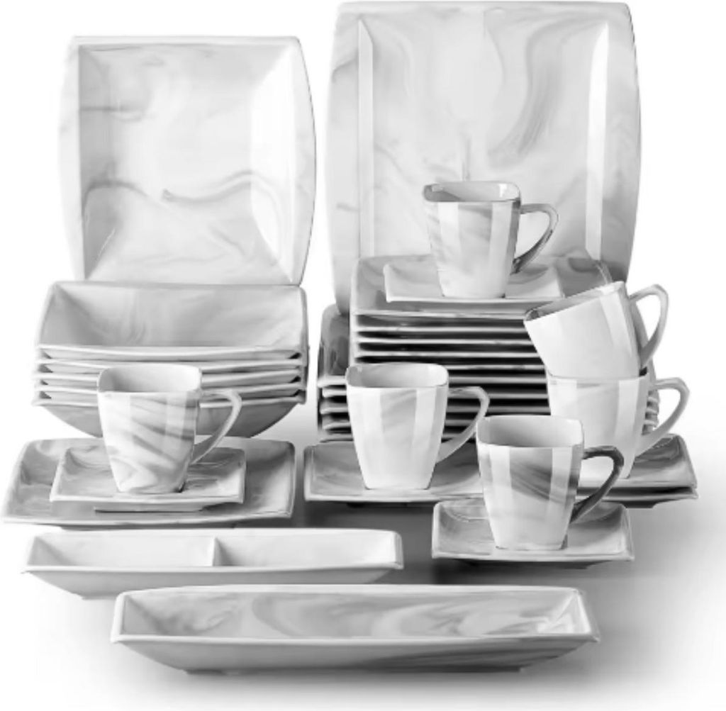 Serviesset – 6 Personen – 32-teilig – Marmerlook Keramik – Diner-, kleine und Beilagenteller