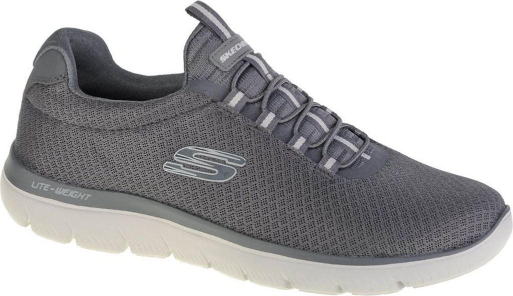 A single gray Skechers sneaker is shown against a white background.
