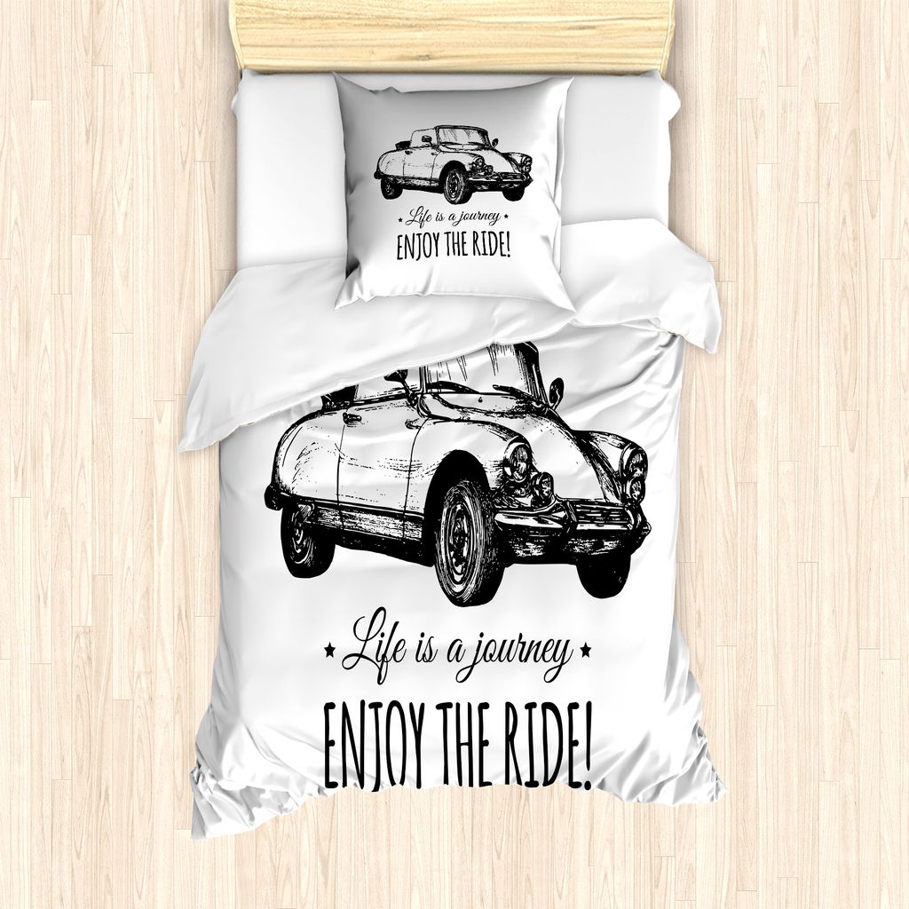 ABAKUHAUS Genießen Sie die Fahrt Bettbezug Set für Einzelbetten, Hand Sketched Auto, Milbensicher Allergiker geeignet mit Kissenbezug, 135 cm x 2...