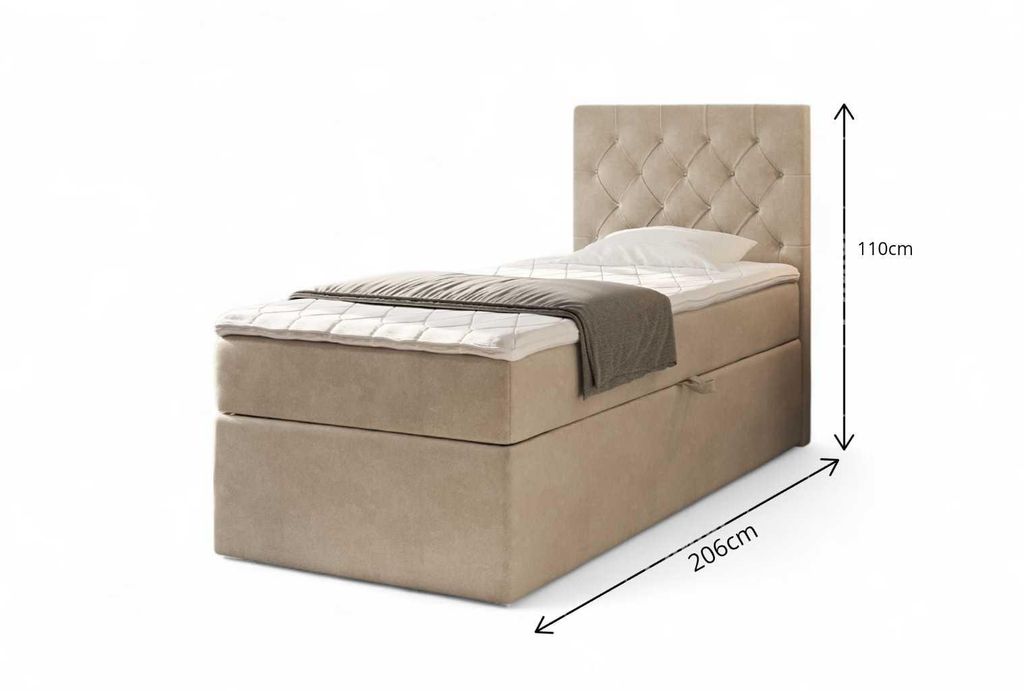 A single bed with a headboard, mattress, and bedding, shown against a white background. Dimensions are indicated.