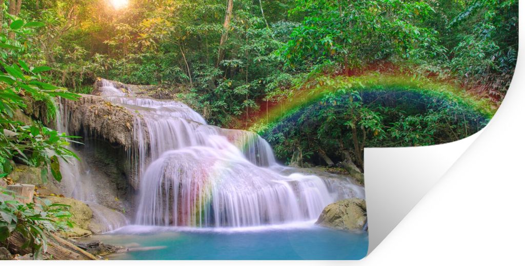 MuchoWow Wandtattoo Wandsticker Wandaufkleber Regenbogen - Sonne - Wasserfall - Natur 80x40 cm Selbstklebend und Repositionierbar - Aufkleber