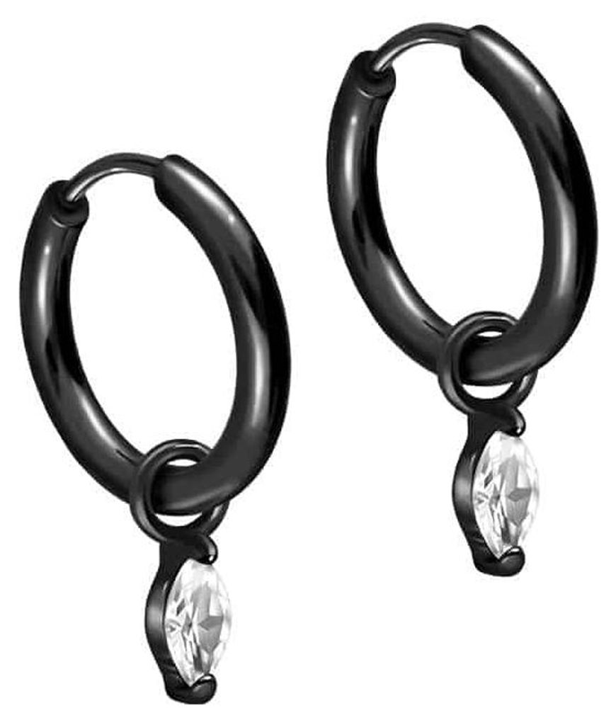 Chirurgenstahl Ohrclicker Creolen EINGEFASSTER OVALER KRISTALL Schwarz Innendurchmesser: 10mm + Designstärke: 2mm