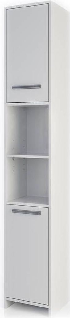 A tall, narrow white cabinet with two doors and two open shelves.