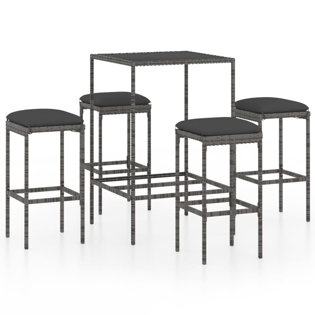 vidaXL 5-tlg. Gartenbar-Set mit Kissen Poly Rattan Grau