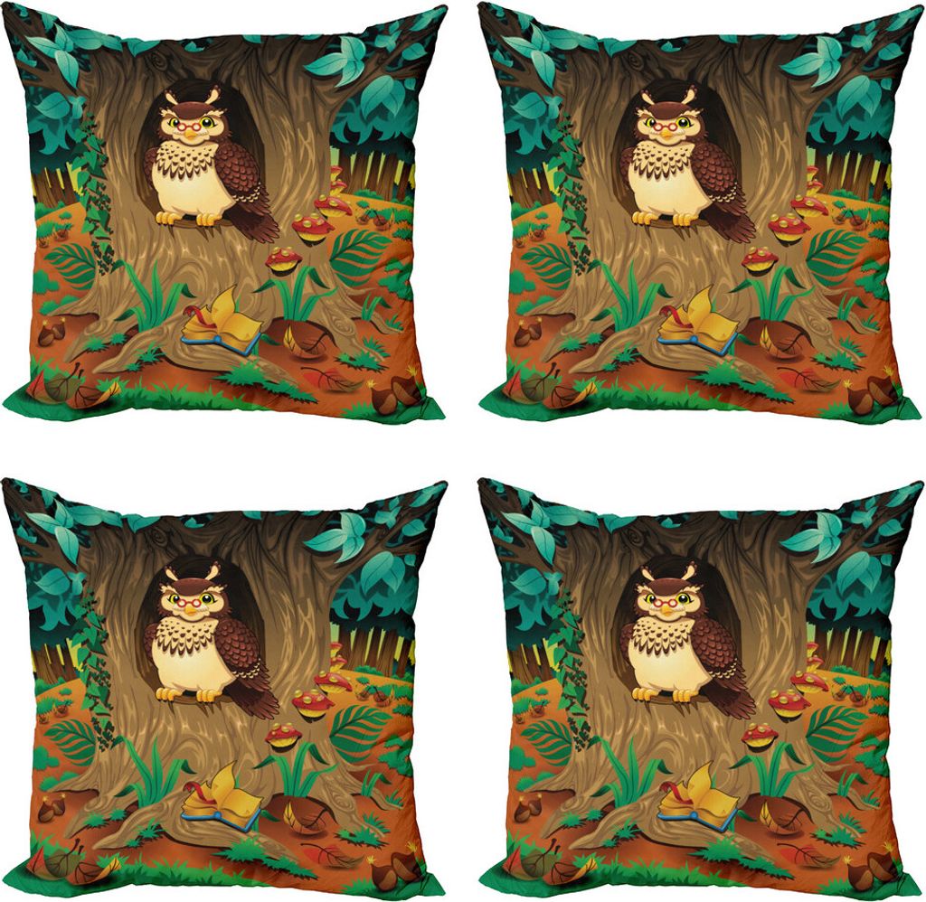 ABAKUHAUS Eule Kissenbezug Set (4 Stück), Nanny Großmutter Sage Owl, Moderner Doppelseitiger Digitaldruck, 40 cm x 40 cm, Mehrfarbig