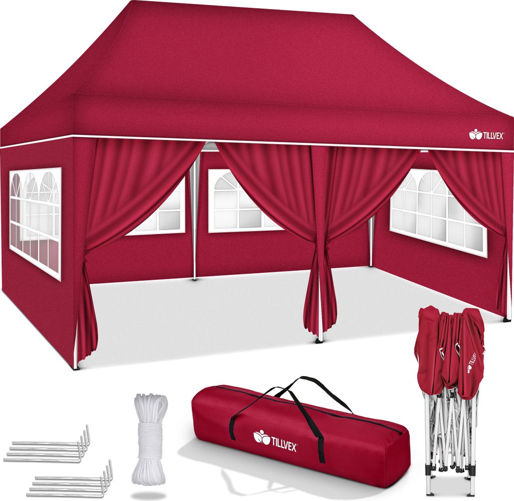 A red pop-up canopy tent with side walls and windows, along with its accessories, displayed on a white background.
